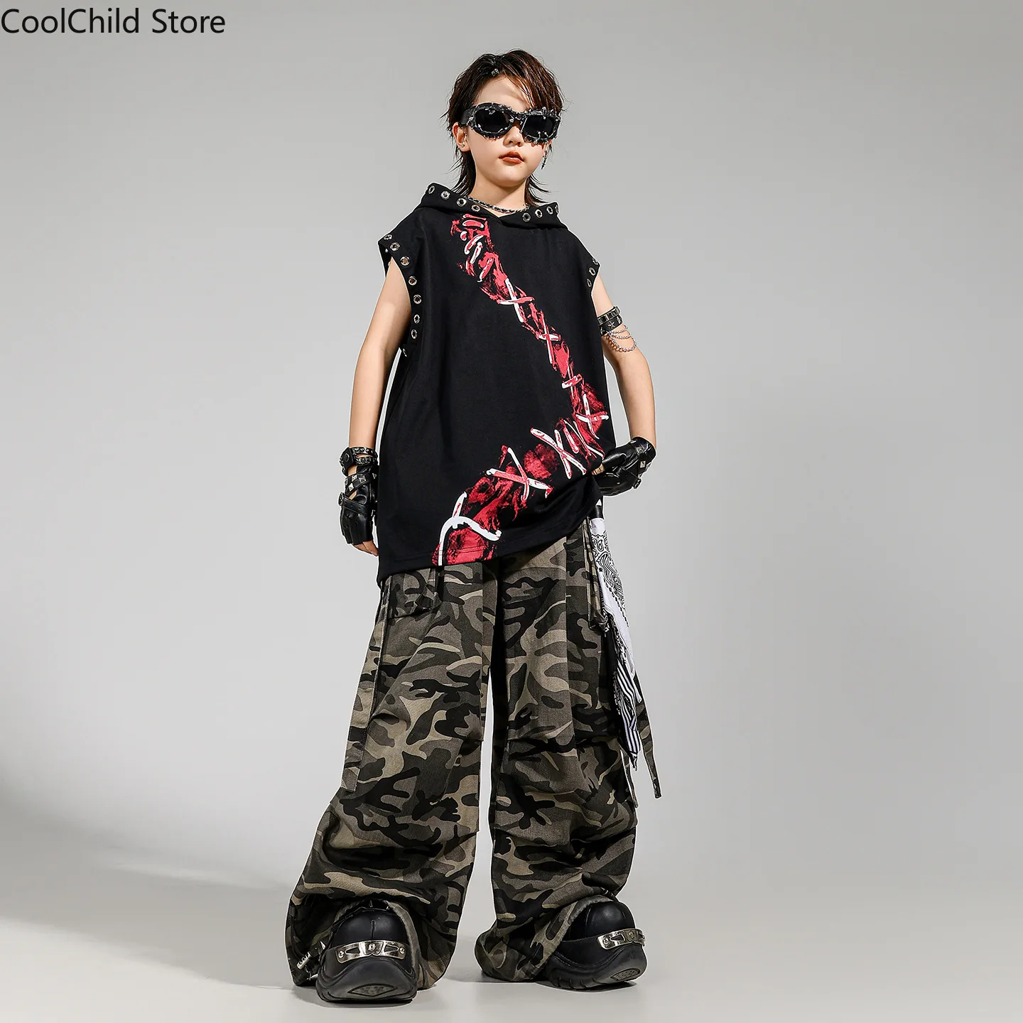 Boys Hip Hop Cool Hoodies Street Dance Camouflage Cargo Pants Girls K-pop Hooded Vest Costume Kids Streetwear Child Clothes Sets