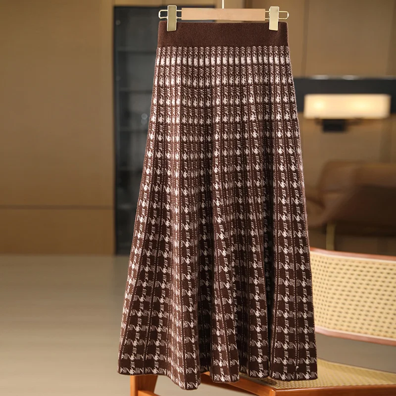 100% merino wool women's knitted skirt, pattern, fashion, warm, Korean version, 2024 autumn and winter new style