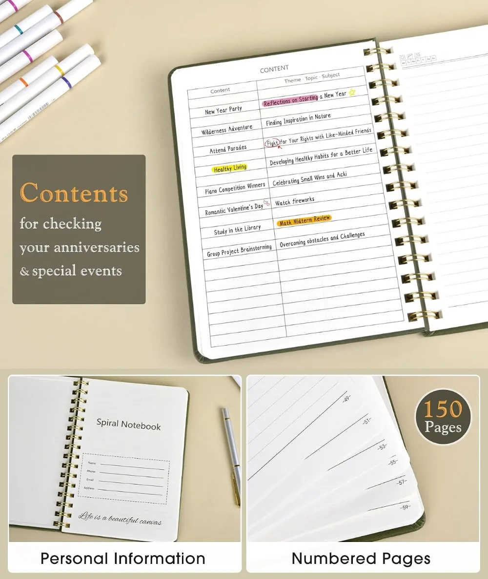 A5 Hardcover Spiral Notebook, 150 Numbered Pages, 100 GSM Lined Journal for Work & School, Olive Green