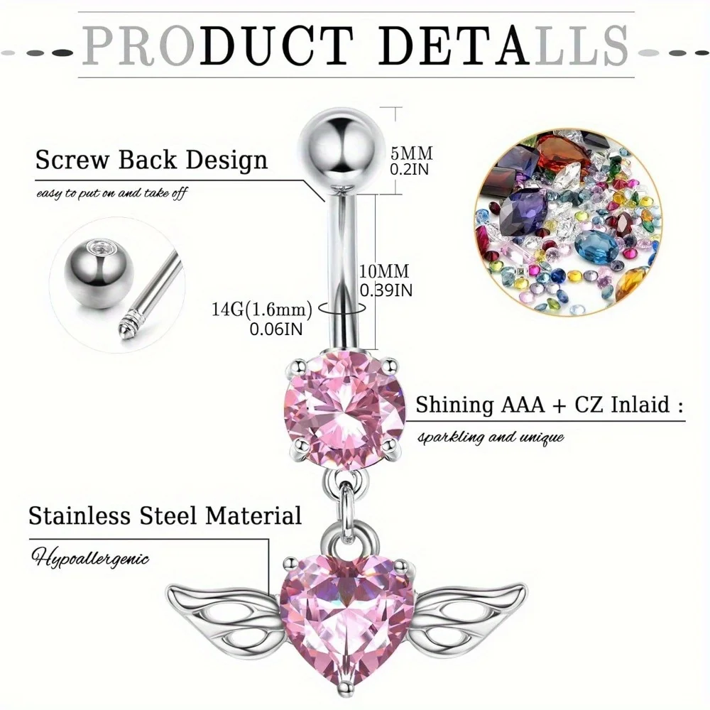 Diamday 1Pc 316L Surgical Stainless Steel 14G Pink CZ Dangle Belly Ring Surgical Stainless Steel Curved Navel Jewelry for Women