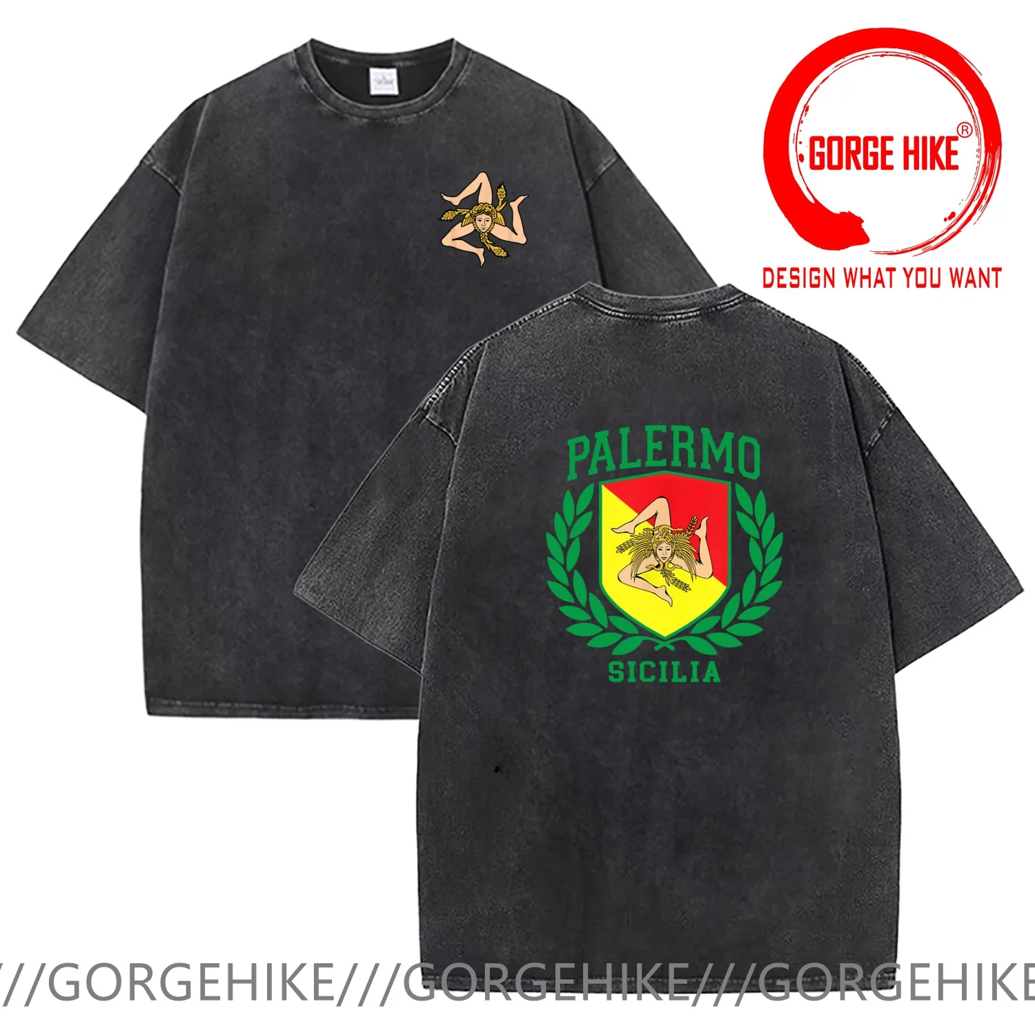 Vintage Washed Cotton T-Shirt Funny Designer Sicilia Flag and Shield with Trinacria - PalermoT Shirt Men Fashion Trendy Casual