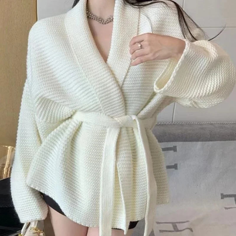 Knitted Cardigan Female Bathrobe Wind Aura Type Tie Fall and Winter Lazy Wind Sweater Jacket in Long Cardigan Loose