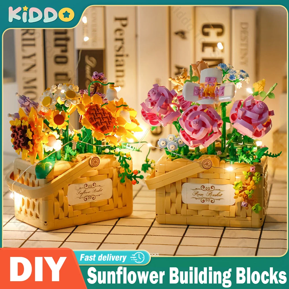 

Building Blocks Sunflowers Set Trend Flower Basket Bouquet Building Kit Rose Bonsai Blossom Light Botanical Valentines NO BOX