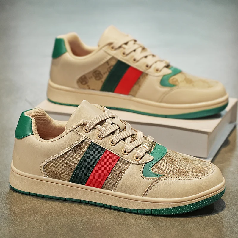 Unisex Retro Casual Sneakers Couple Striped Lace-Up Skate Shoes Classic Leather Patchwork Flat Shoes