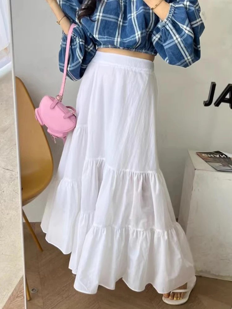 Ele ฤดูร้อน A-Line Midi กระโปรงผู้หญิงสูงเอวกระโปรงยาว Slimming Splice Lace Trim Elastic เอวอเนกประสงค์เดินทาง Sle