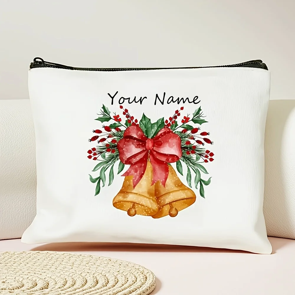Custom Name Watercolor Christmas Golden Bells Red Bow Holly Berries Personalized Cosmetic Bag Portable Travel Makeup Pouch