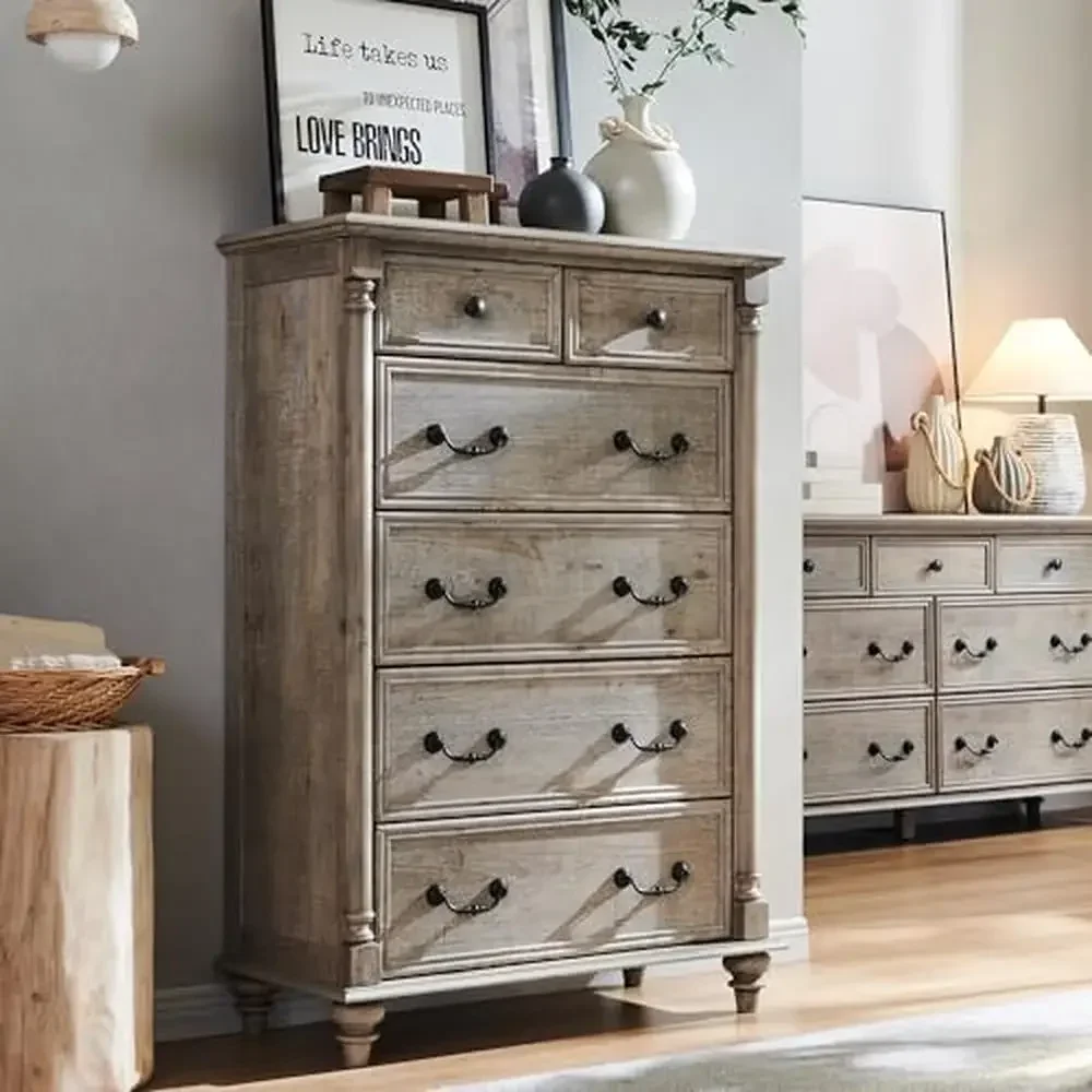 6-Drawer Country Rustic Wood Dresser Chest Bedroom Storage Organizer Tall w/Column Decor & Solid Wood Feet Farmhouse Style