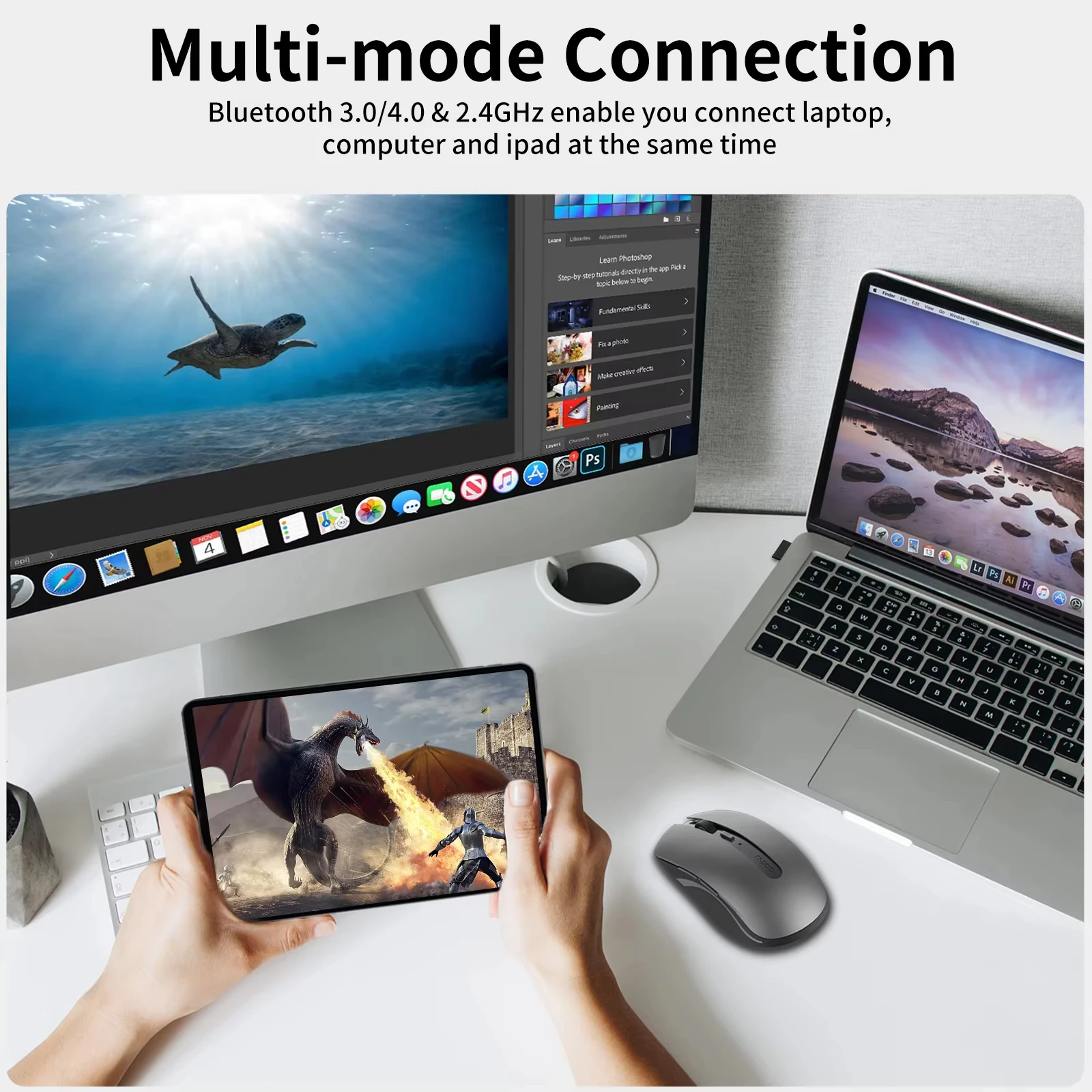 Rapoo 7200M Multi-Mode Wireless Mouse Noiseless Bluetooth Mouse 1600DPI Bluetooth 3.0/4.0 RF 2.4GHz for Three Devices Connect