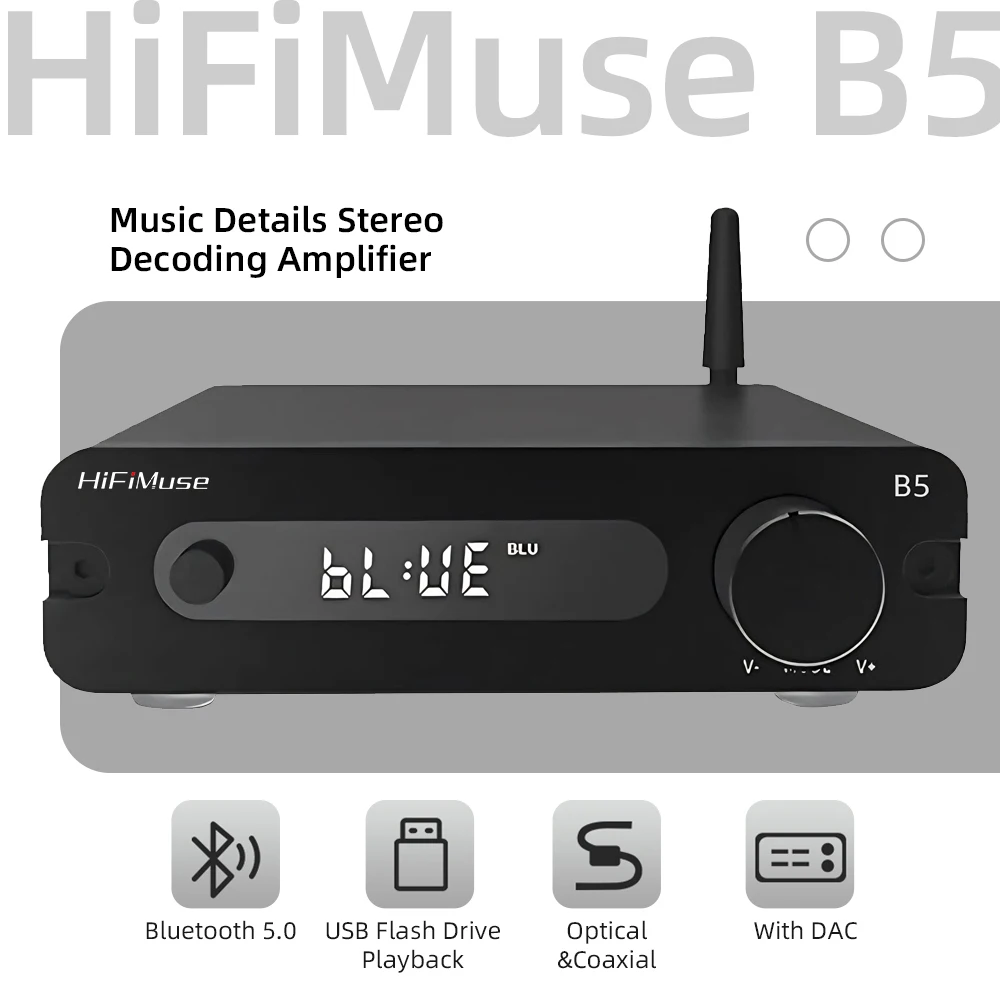 HiFiMuse B5 Decoding Amplifier, Bluetooth 5.0, 150W*2 Power, Optical & Coaxial 192K, Music Details Stereo Decoder with DAC