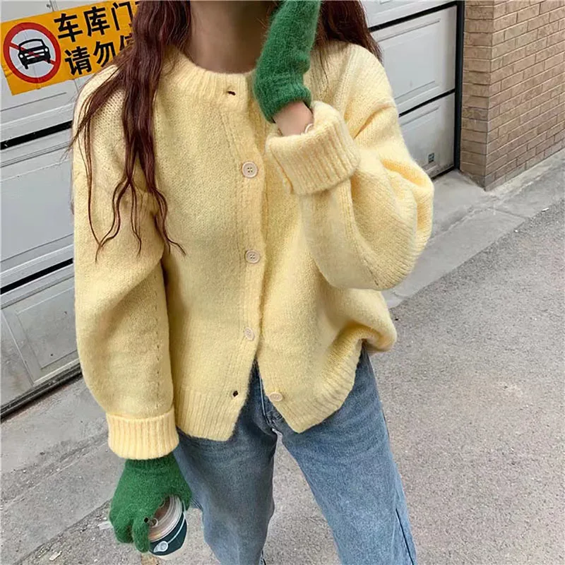 

Women Sweet Knitted Cardigans Sweaters Casual Solid Long Sleeves O-Neck Single Breasted Knitwear Autumn Winter Jumpers Outwear