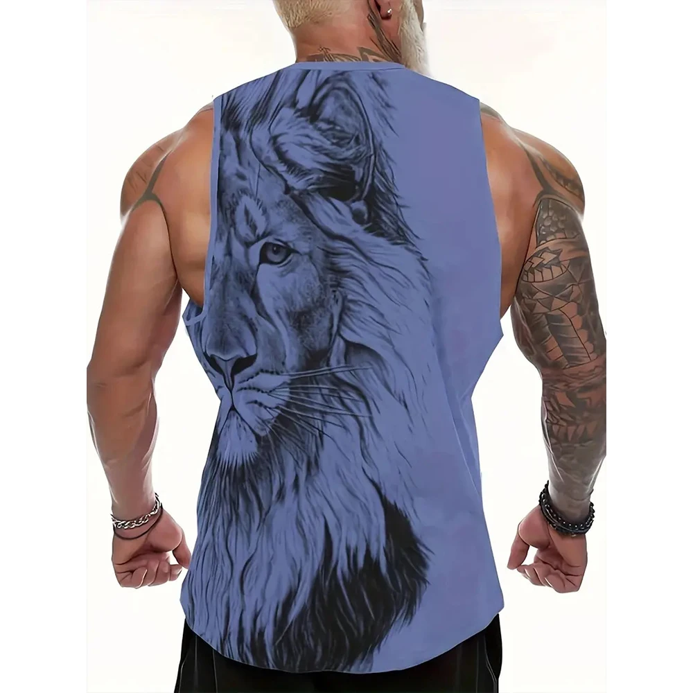 Summer men's vest breathable cool close-fitting fitness T-shirt Retro sleeveless high-end personality exquisite lion print