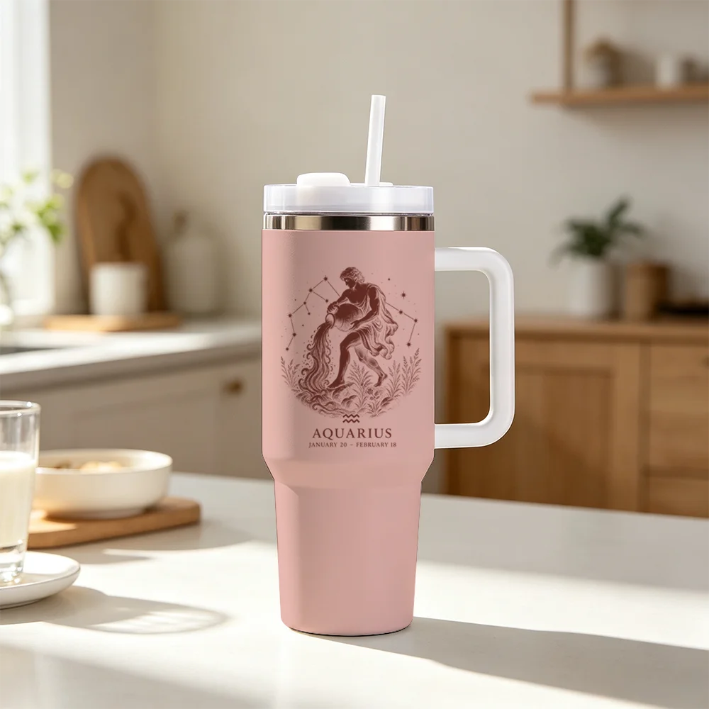 Aquarius Zodiac Sign Print Vacuum Flasks 40oz 1200ML Insulated Tumbler With Handle & Straw Double Wall Thermal Travel Coffee Mug