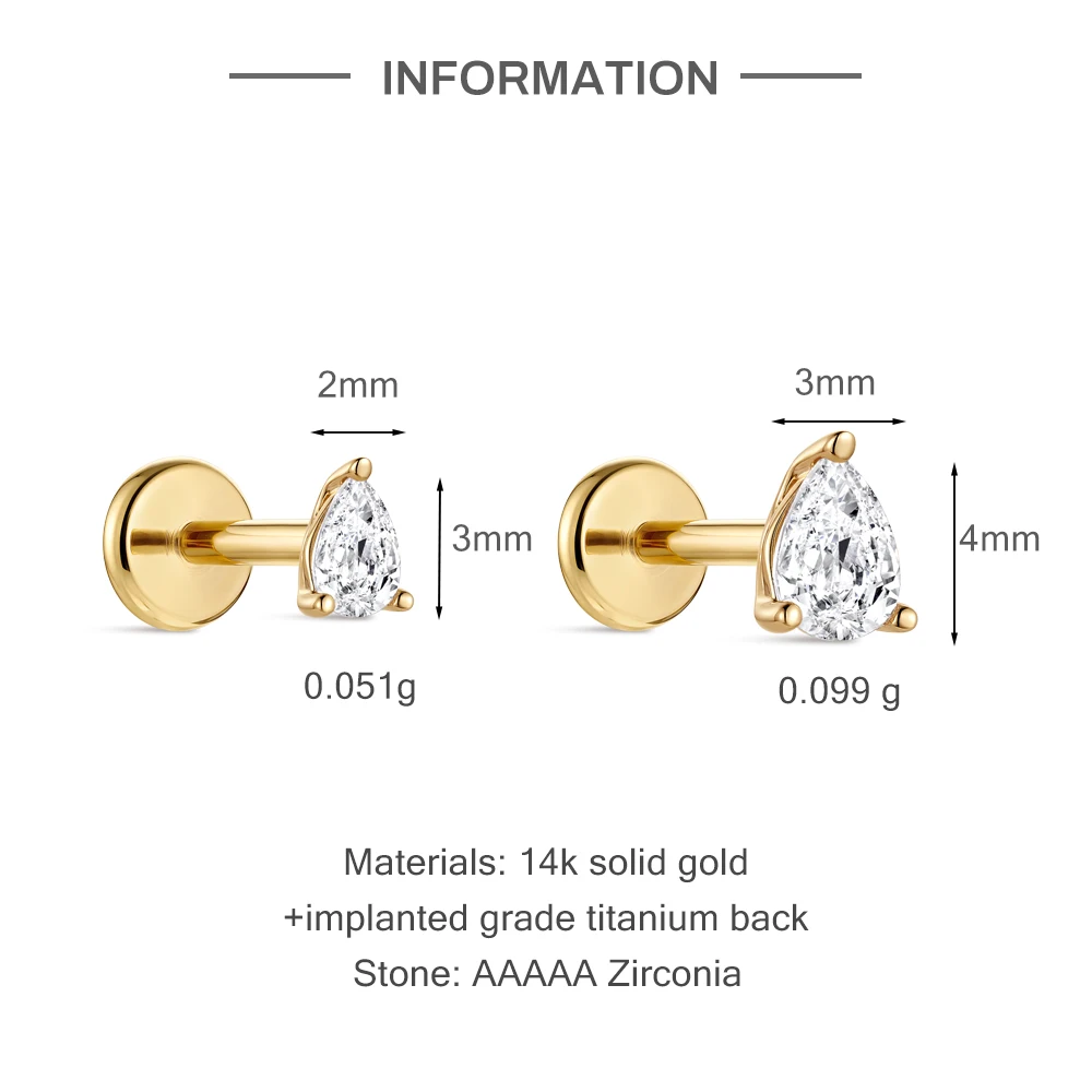 Aide 14K Soild Gold Implanted Grade Titanium Back  Water Droplet Shape Ear Stud Women's Daily Wear Earrings Accessories Jewelry