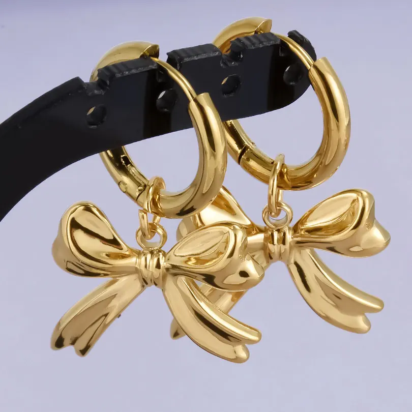 Echt vergoldet Mode Kpop Piercing Schmuck Mädchen Schleife Blume Herz Anhänger Ohrring Edelstahl Creolen für Frauen – Detail 26