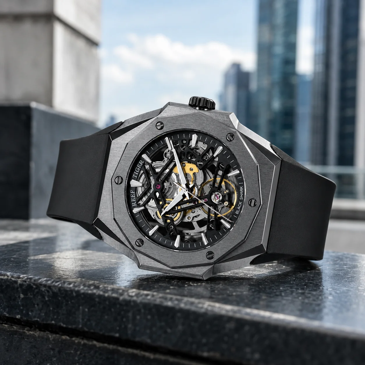 Reef Tiger RT Men's Large-Dial Skeleton Mechanic Watch Multi-Layer 50m Waterproof Automatic Rubber Band Sport Watch RGA6919