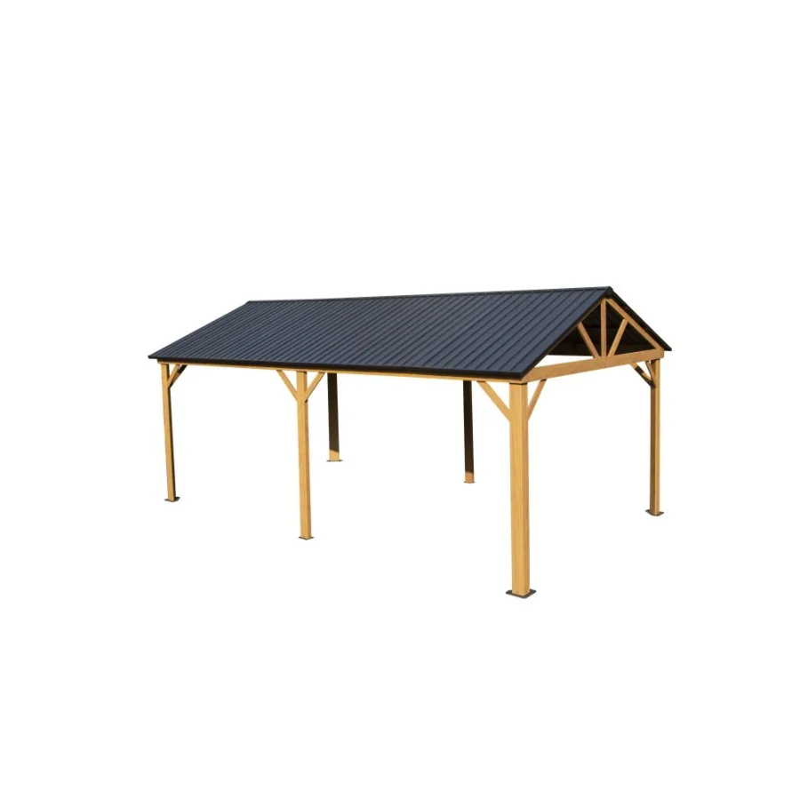 

12x20ft Hardtop Gazebo Galvanized Steel Gable Roof Gazebo Pergola with Wood Grain Aluminum Frame Outdoor Permanent Gazebo Pavil