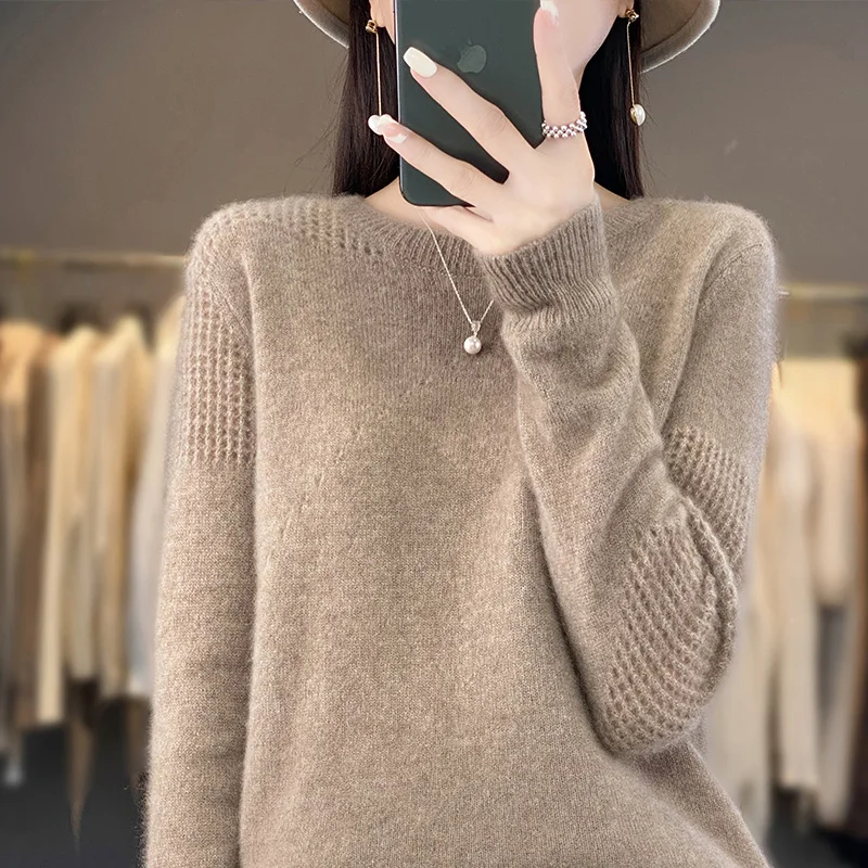 MOONYUEFA-Pure Wool Sweater for Women, O-Neck Pullover, Long Sleeve, Hollow Cashmere, Solid Color Bottoming Shirt, Top, New,100%