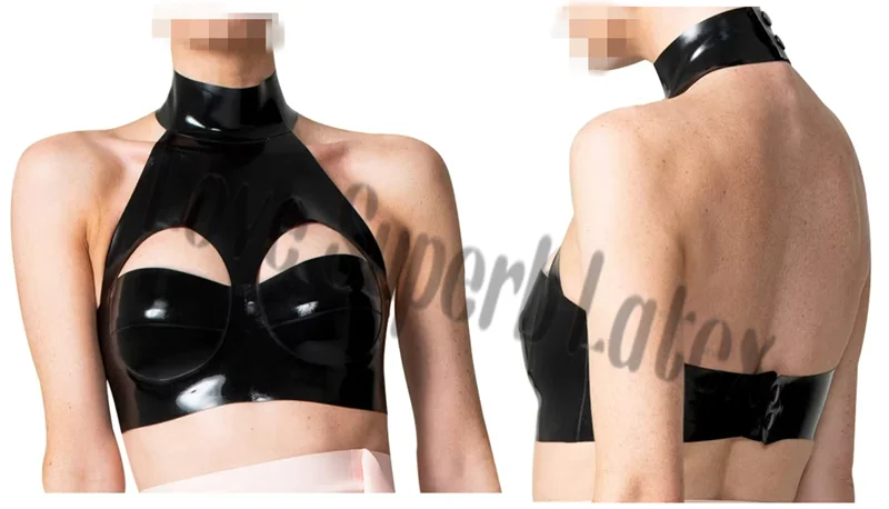 

Black Sexy Latex Crop Top Open Holes Buttons At Back Rubber Latex Bra Lingerie