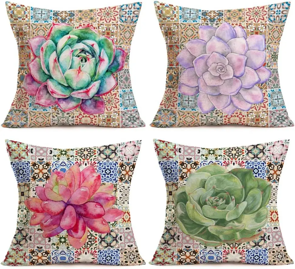 Succulent Plant Pillowcase Home Decoration Cactus Flower Short Plush Pillow Vintage Bohemian Cushion Cover