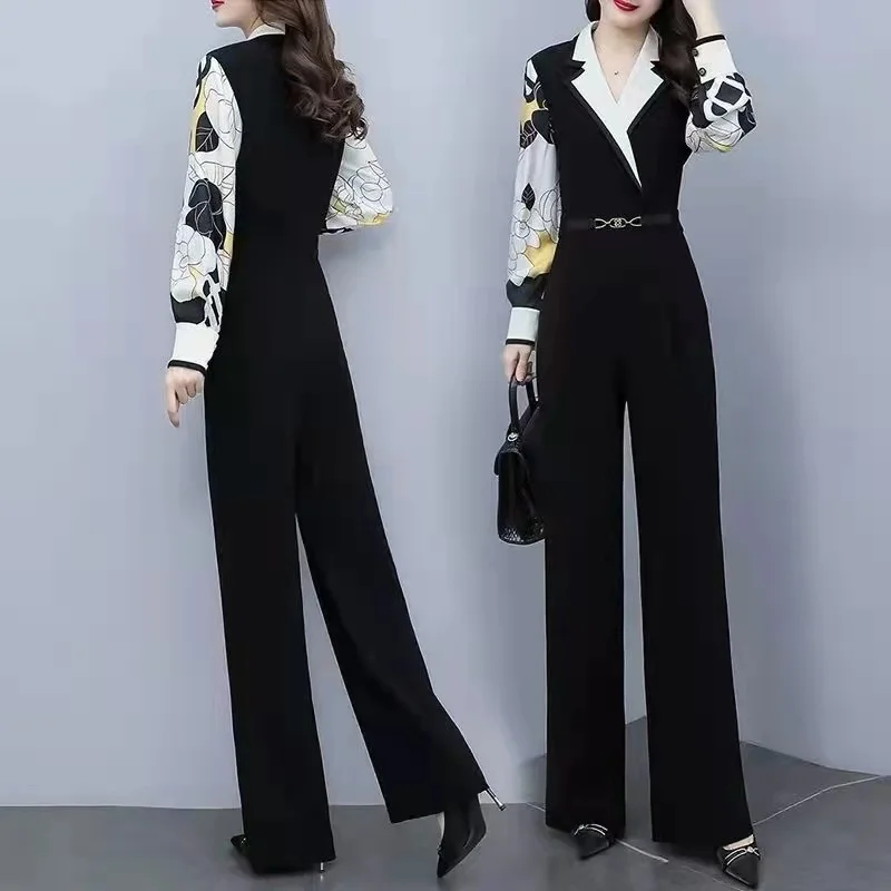 Spring And Autumn New High-end Temperament Suit Collar Jumpsuit Loose Trousers Wide Leg Jumpsuit Suit Female