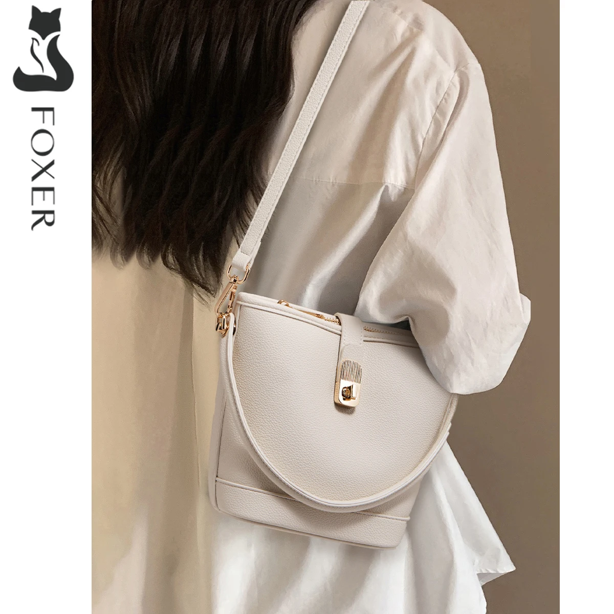 

FOXER Lock Small Women's Bucket Handbag Shoulder Bag 2025 Fashion Solid Girl's Crossbody Purse Simple Cellphone Bag