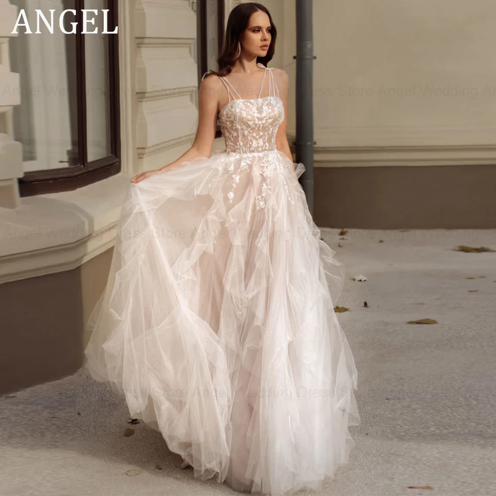 

ANGEL Elegant Spaghetti Straps Wedding Dress Sexy Lace Up Backless Robe De Mariée Romantic Square Collar Tulle Bridal Gowns