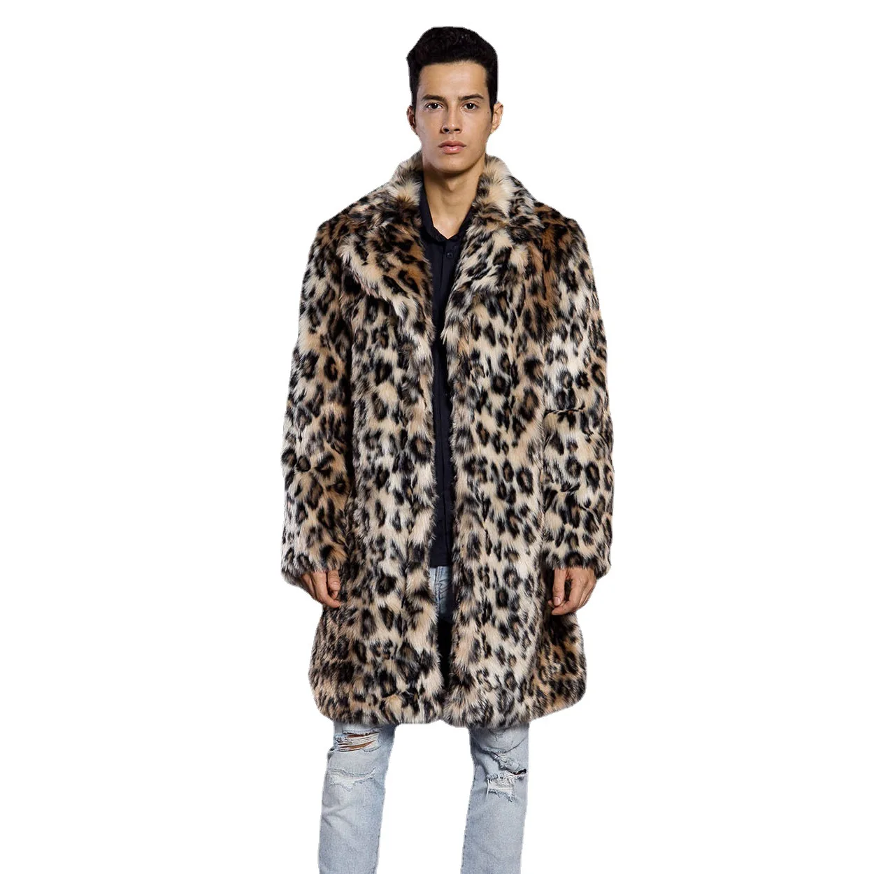 Men's Leopard Casual Trendy Loose Turn-down Collar Long Sleeve Faux Coats American European 2025 Autumn Winter Male Clothes Tops