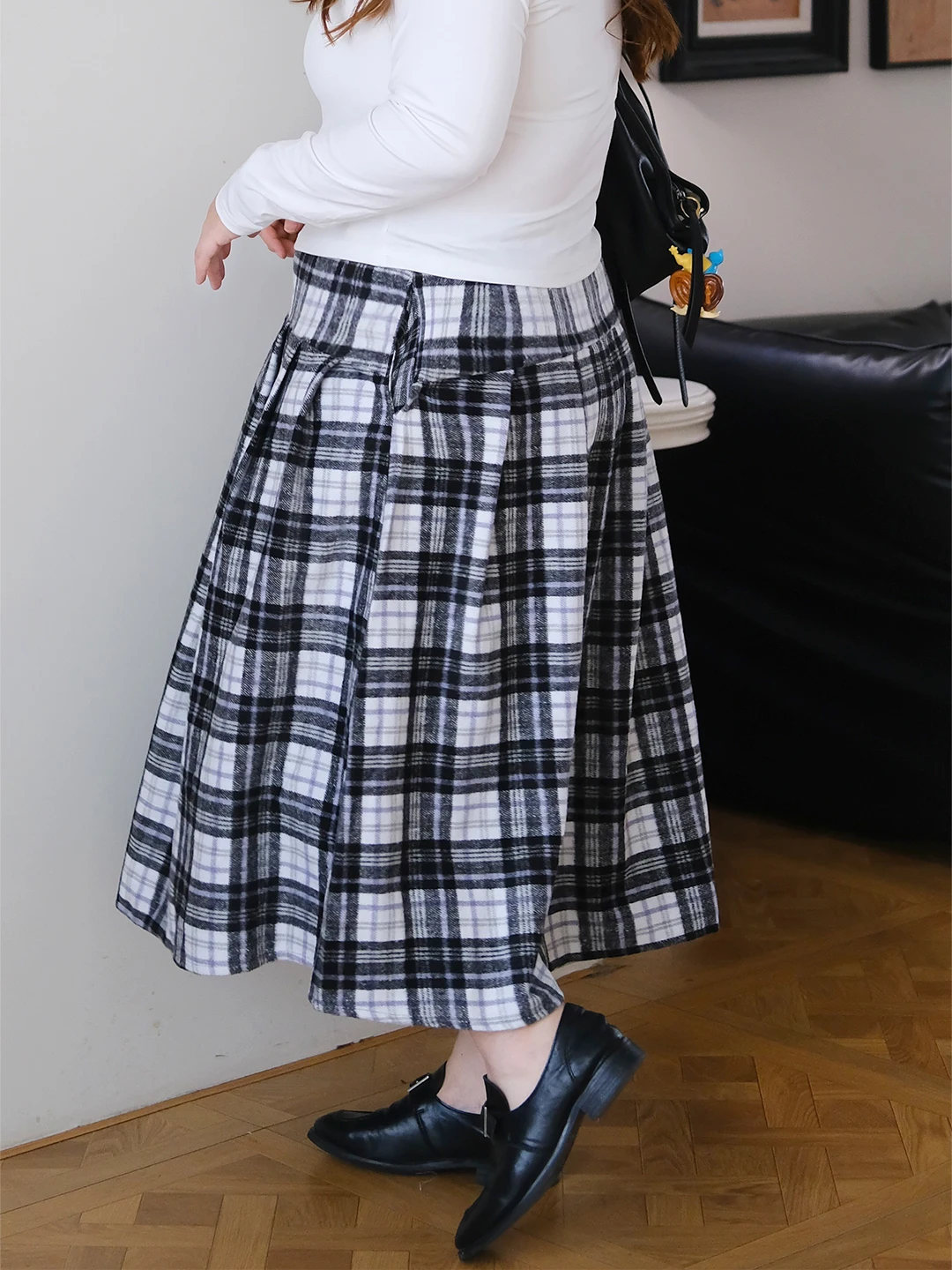 

Zooobaby004 Корейская простая юбка миди в клетку с круглым вырезом, женская универсальная юбка средней длины, стройнящая фигуру