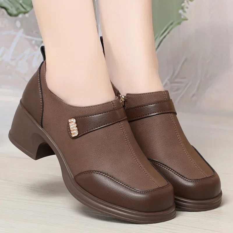 2024 New Slip On Spring Soft Shoes Woman Vintage Ladies Dress Pumps Thick High Heels Platform Shoes Retro Brown Daily Mom