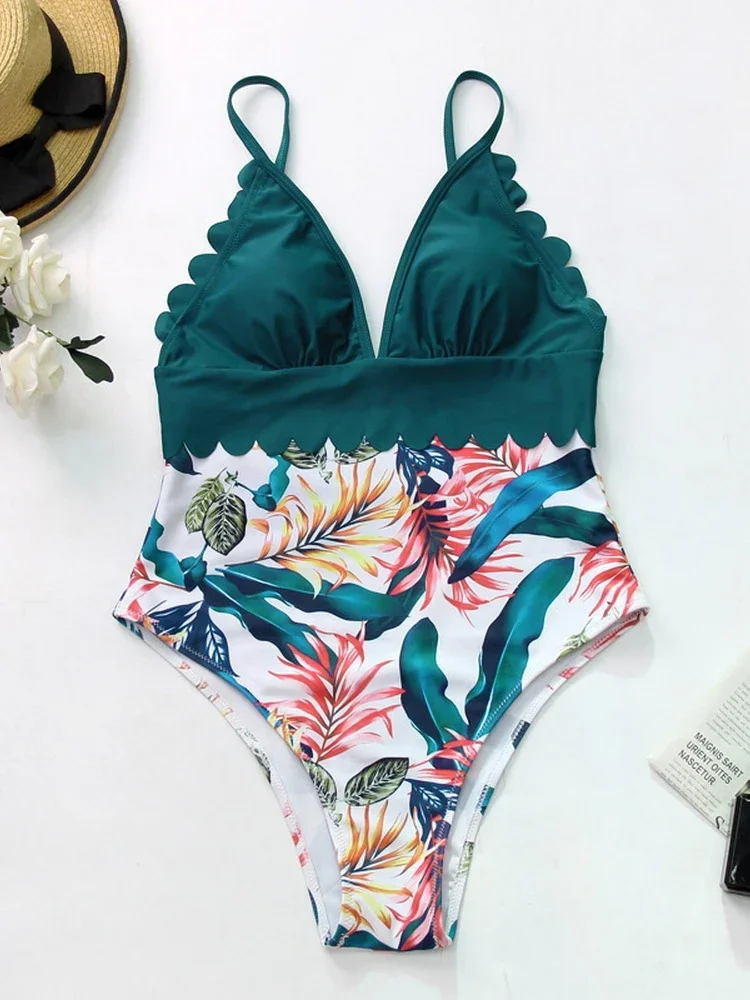 ชุดว่ายน้ําเอวสูงผู้หญิง One Piece ชุดว่ายน้ําเซ็กซี่ V คอ Push Up Halter Scallop Trim ชุดว่ายน้ํา Beachwear บราซิล Monokini