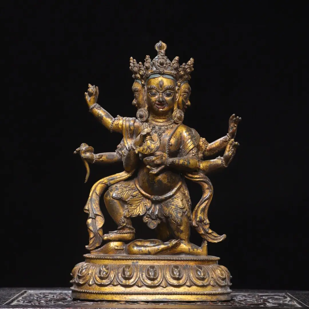 Handmade Tibetan Pure Copper Six Armed Mahakala Protector Statue Home Altar Desk Ornament