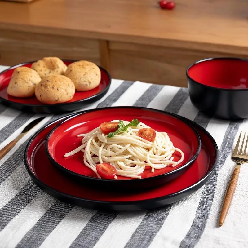 Melamine 12-Piece Modern Dinnerware Set, Kitchen Plates and Bowls Sets, Luxury 2 tone Red and Black Ceramic look Dish