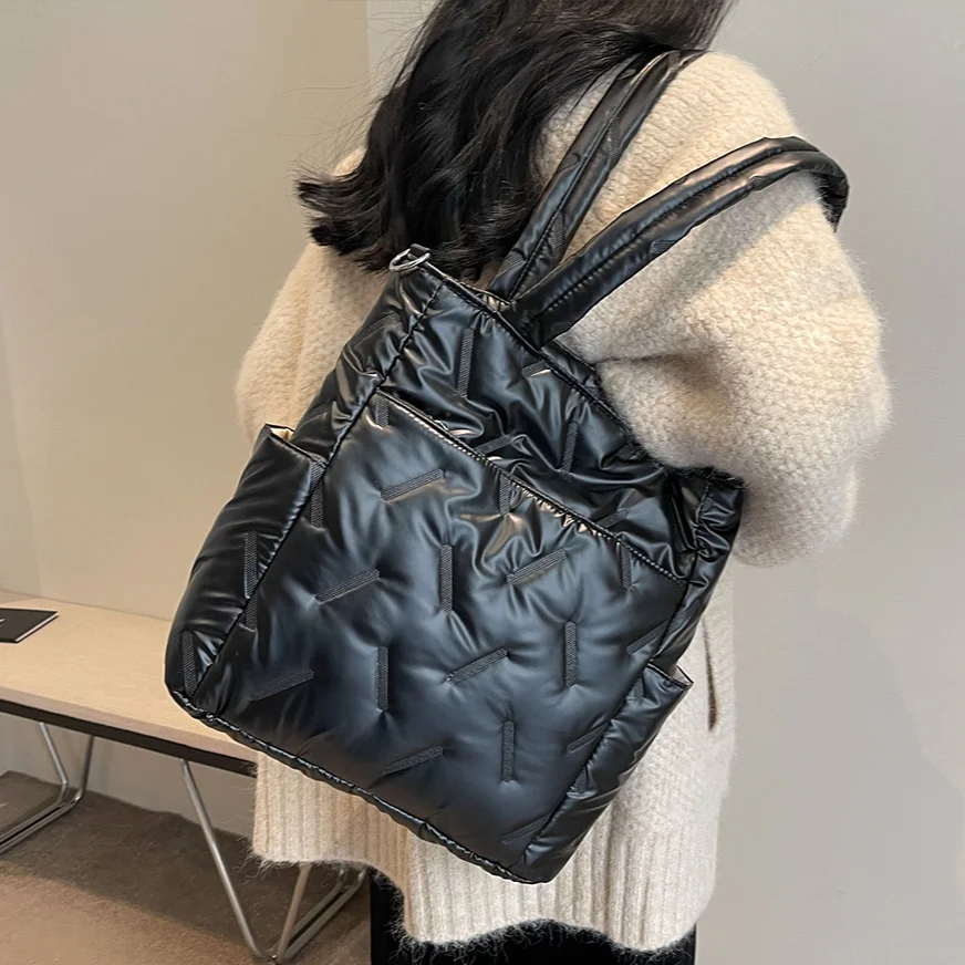 Winter Quilted Cotton Women Tote Bag Puffer Padded Fashion Shoulder Bags 2023 Multi Pockets Crossbody Bag Lattice Top Handle Bag