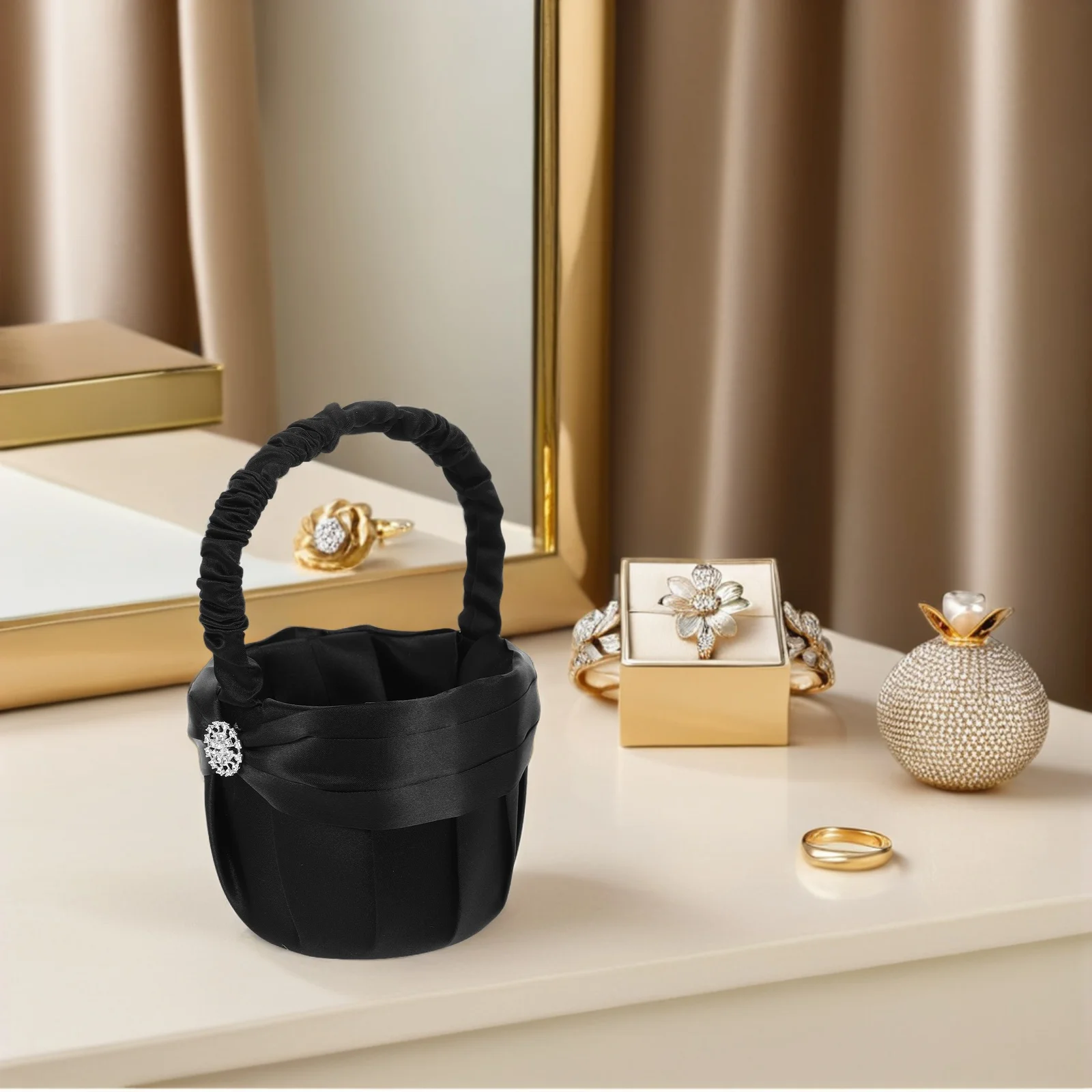 

2Pcs Wedding Flower Girl Basket Black Rhinestone Bridal Hand Basket Rose Petal Confetti Holder Elegant Wedding