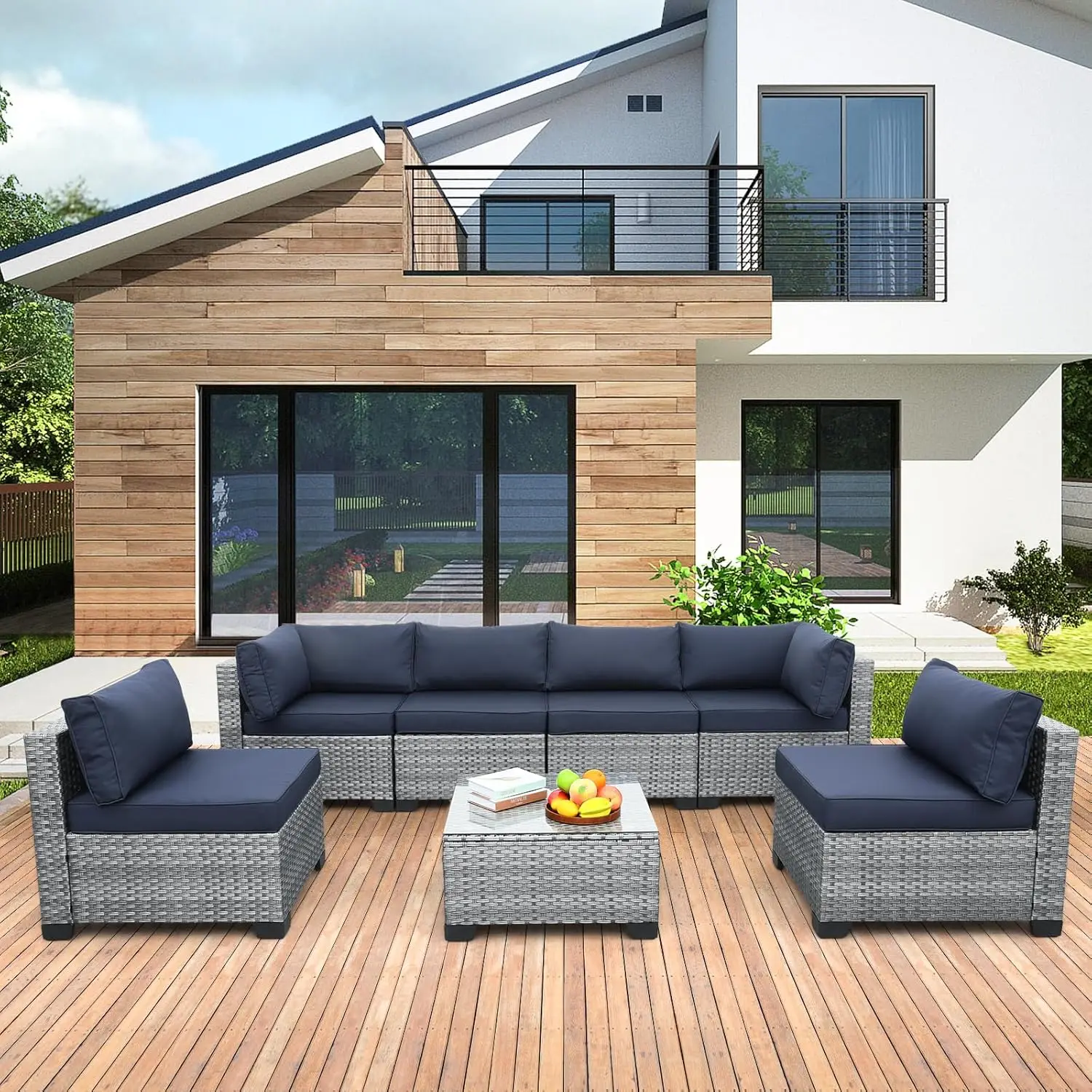 7 Piece Outdoor PE Wicker Furniture Set, Patio Gray Rattan Sectional Sofa Couch with Washable Dark Blue Cushions