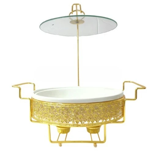 

Kitchen Restaurant Gold Stainless Steel Ceramic Hot Pot Buffet Warmer with Hanging Glass Cover for Wedding Parties