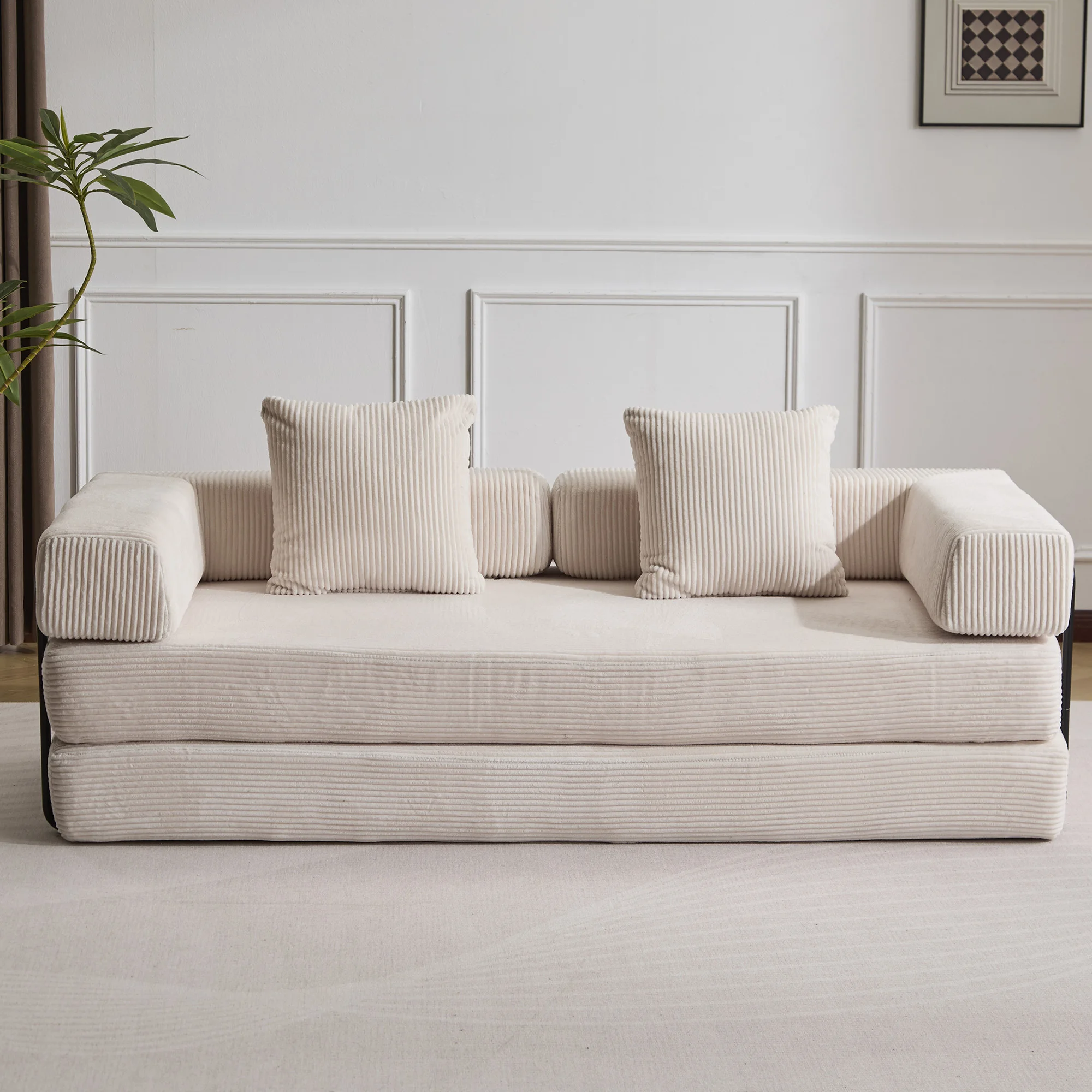 Canapé-lit beige compressible, pas d'assemblage nécessaire, canapé pliable pour le sol, canapé deux places moelleux pour le salon