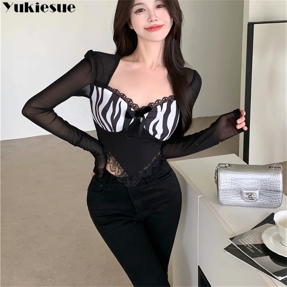 2022 Nieuwe Sexy Mesh See Through T-shirt Zwart Korte Blouse Herfst Vrouwen Vierkante Hals Lange Mouw Zebra Print Top vintage Kleding