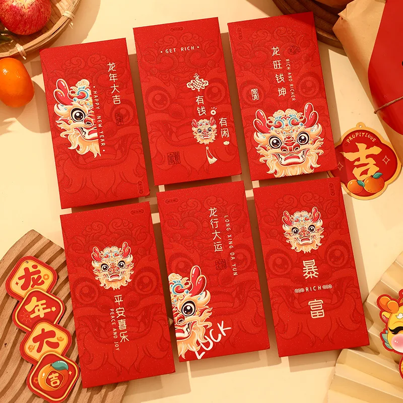 

6pcs/pack 2024 CNY Red packet Chinese New Year Red Packet Long Red Envelopes Lucky bag Cartoon Design Spring Festival Red Bag