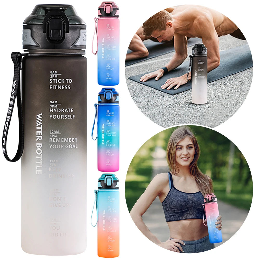 1L Water Bottle with Time Marker Gradient Matte Motivational Water Bottle Drinking Water Bottle for Outdoor Sports and Fitness