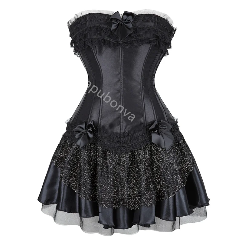 

Sapubonva Corset Dress Set Plus Size Sexy Overbust Bustier Tutu Skirt Victorian Burlesque Gothic Exotic Lingerie Halloween Black