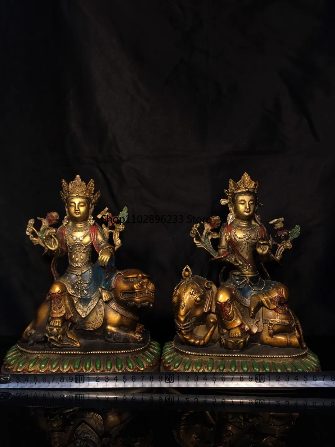 Tibetan brass gilt face painting Manjushri Puxian Guanyin riding a lion elephant Bodhisattva ornament Home Hall jewelry 26cm