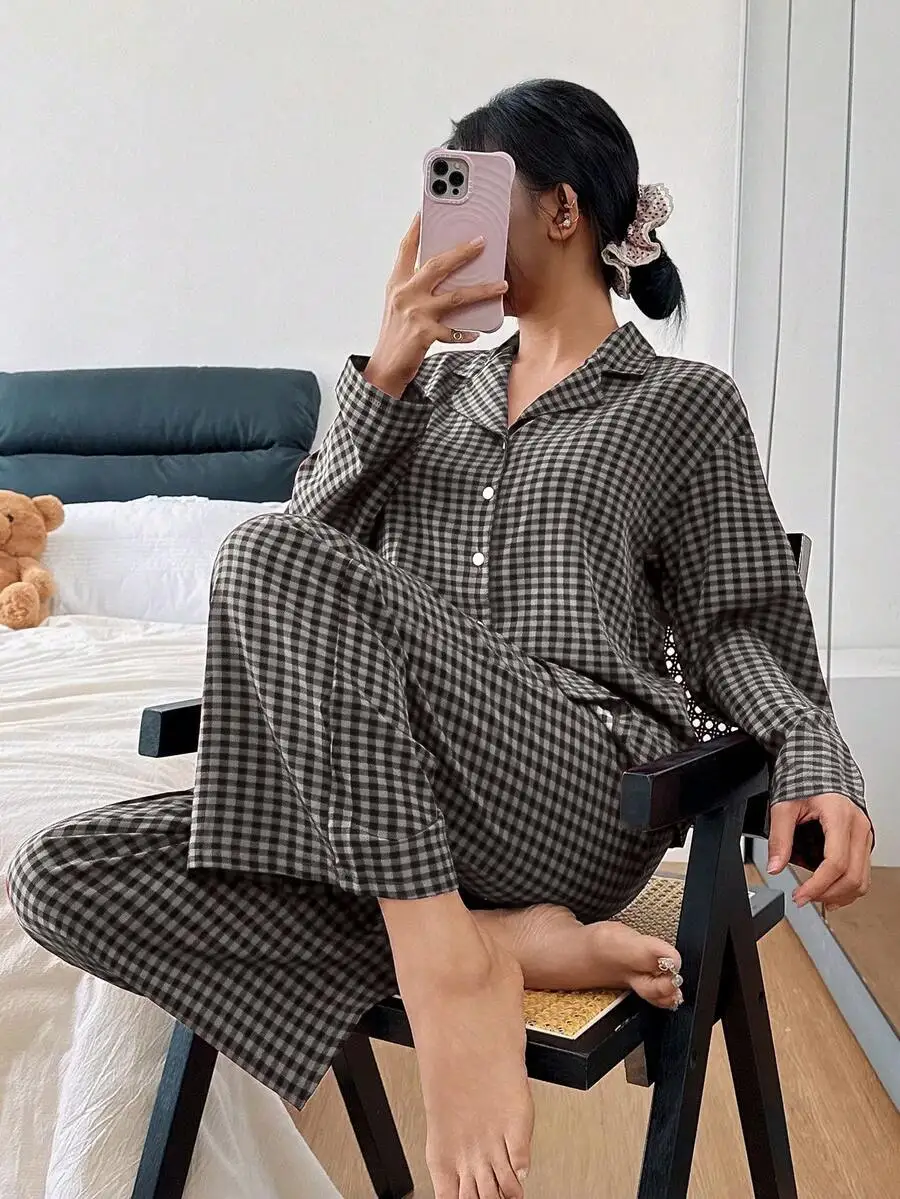 

2pcs Women Plaid Button Front Long Sleeve Lounge Set Elastic Waist Pants Cozy Sleepwear Fall Winter