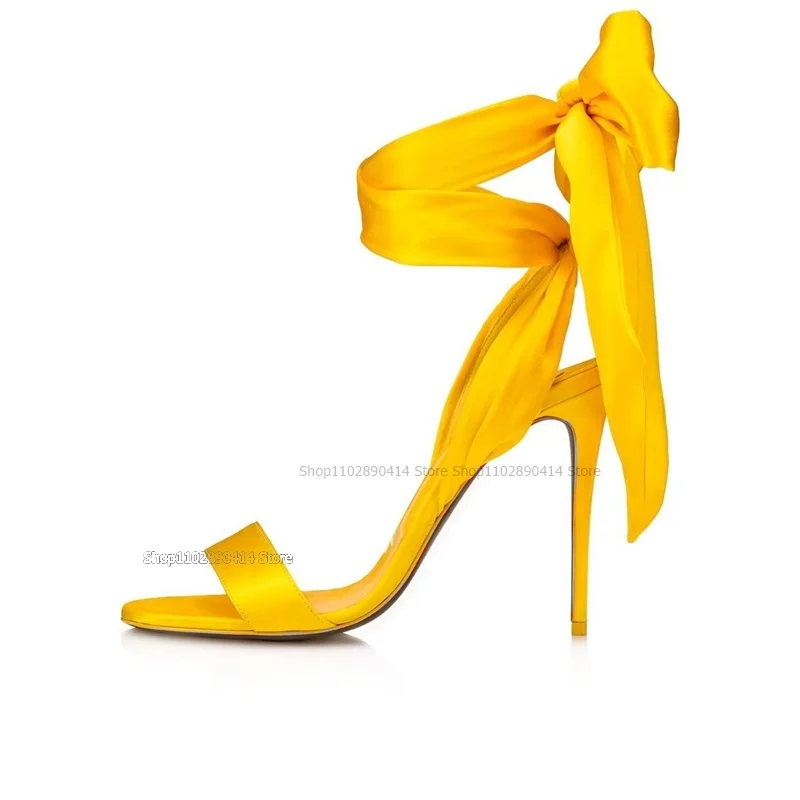 Yellow Silk Lace Up Sandals Hollow Cut Heel Women Shoes Stilettos High Heel Open Toe Elegant Fashion Novel Sexy Zapatillas Mujer