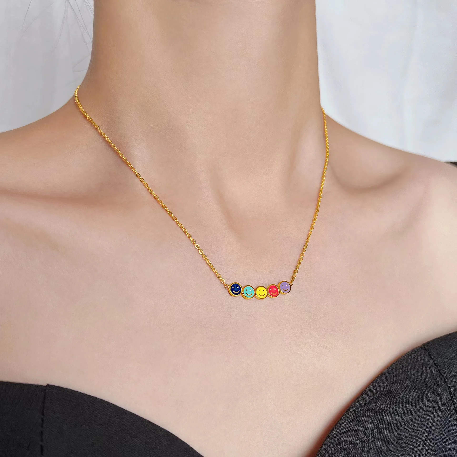Ins Colorful Smile Face Necklace For Women Trendy Stainless Steel Gold Color Dripping Oil Chain Clavicle Necklace Jewelry Gift