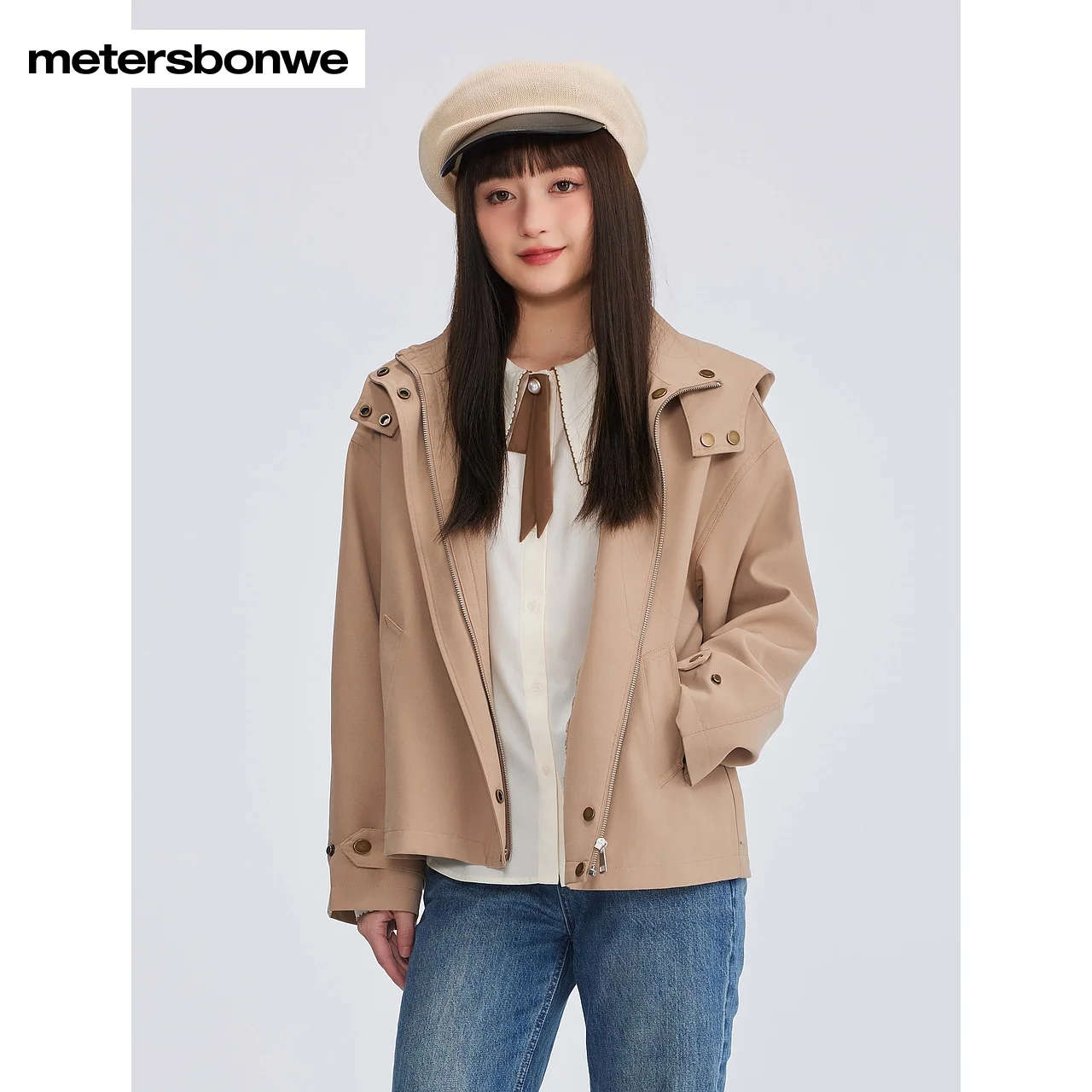 

Metersbonwe-Women's Short Loose Basic Windbreaker Whith Detachable Hood Solid Color Fashion Trend Windproof Coat Spring Autumn