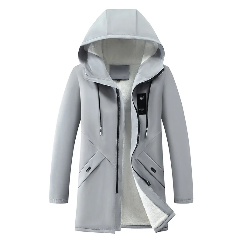 

2025 Autumn Winter Men Plush Jacket Thicken Fleece Long Sleeve Zipper Male Outerwear Mid Length Pocket Hooded Man Windbreaker