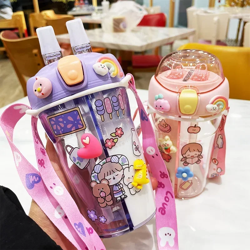 430ml Cute Children Double Drinking Water Bottle Straw Portable Bottle Student Couple Plastic Cup Gift School Kids