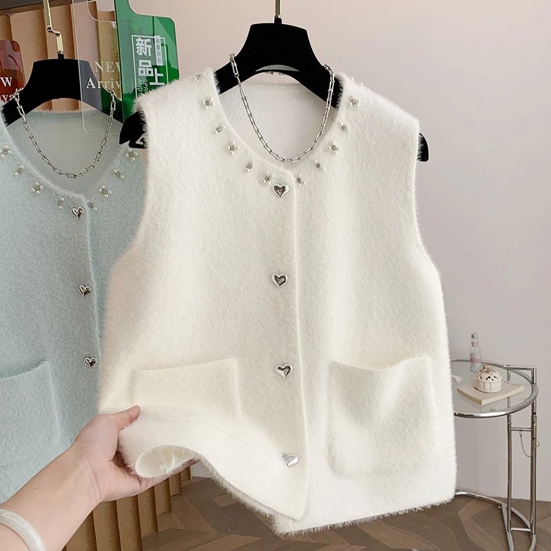 

Ele Knitted Vest Women's Faion Pearl Button Layering Top Single Row Button Autumn Winter High-End Feel Thin Material Pu...