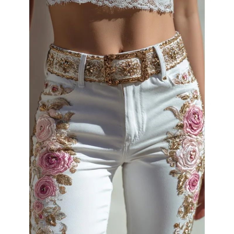 Damskie spodnie jeansowe z nadrukiem 3D, kwiatowe, z prostymi nogawkami, codzienne spodnie dżinsowe, modne spodnie.